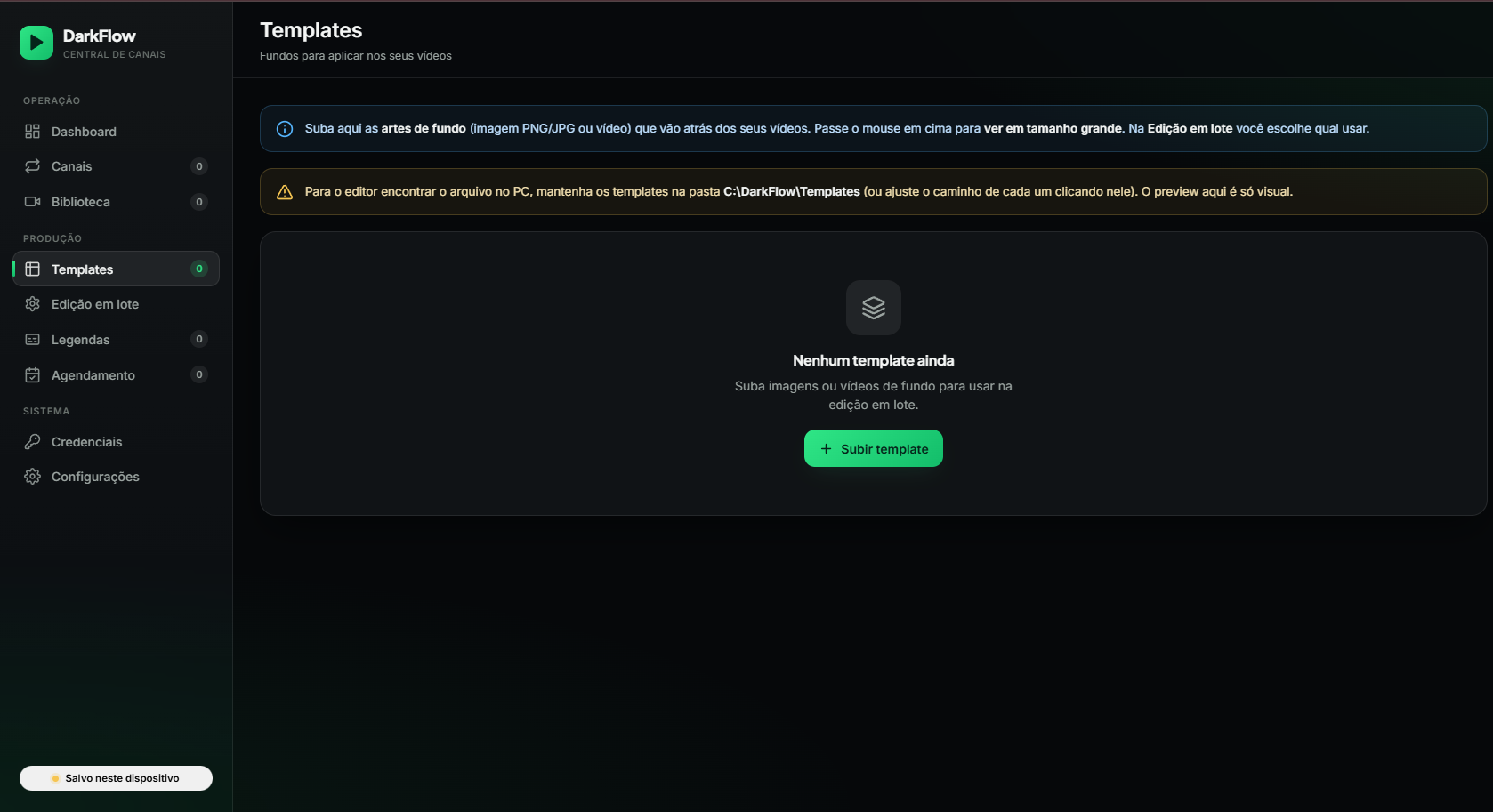 Tela de Templates do DarkFlow para subir artes de fundo